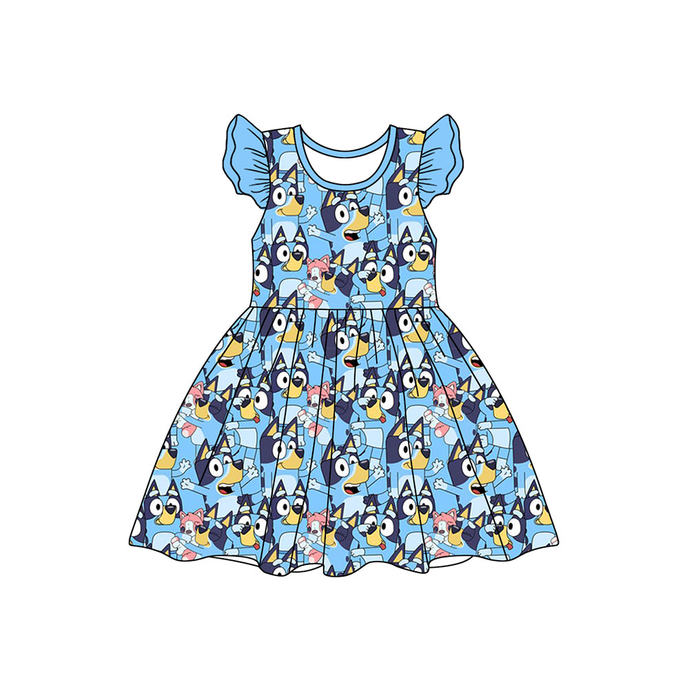 no moq GSD1726 pre-order baby girls clothes cartoon dog blue flying sleeve dress-2024.12.15