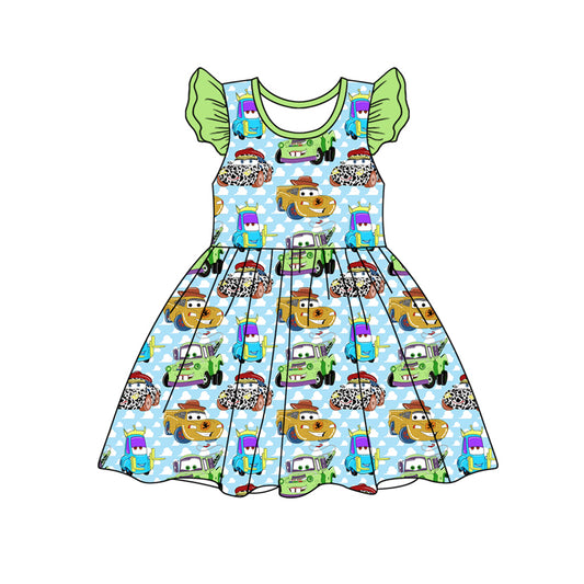 no moq GSD1760 pre-order baby girls clothes CARS STORY green flying sleeve dress-2024.12.25