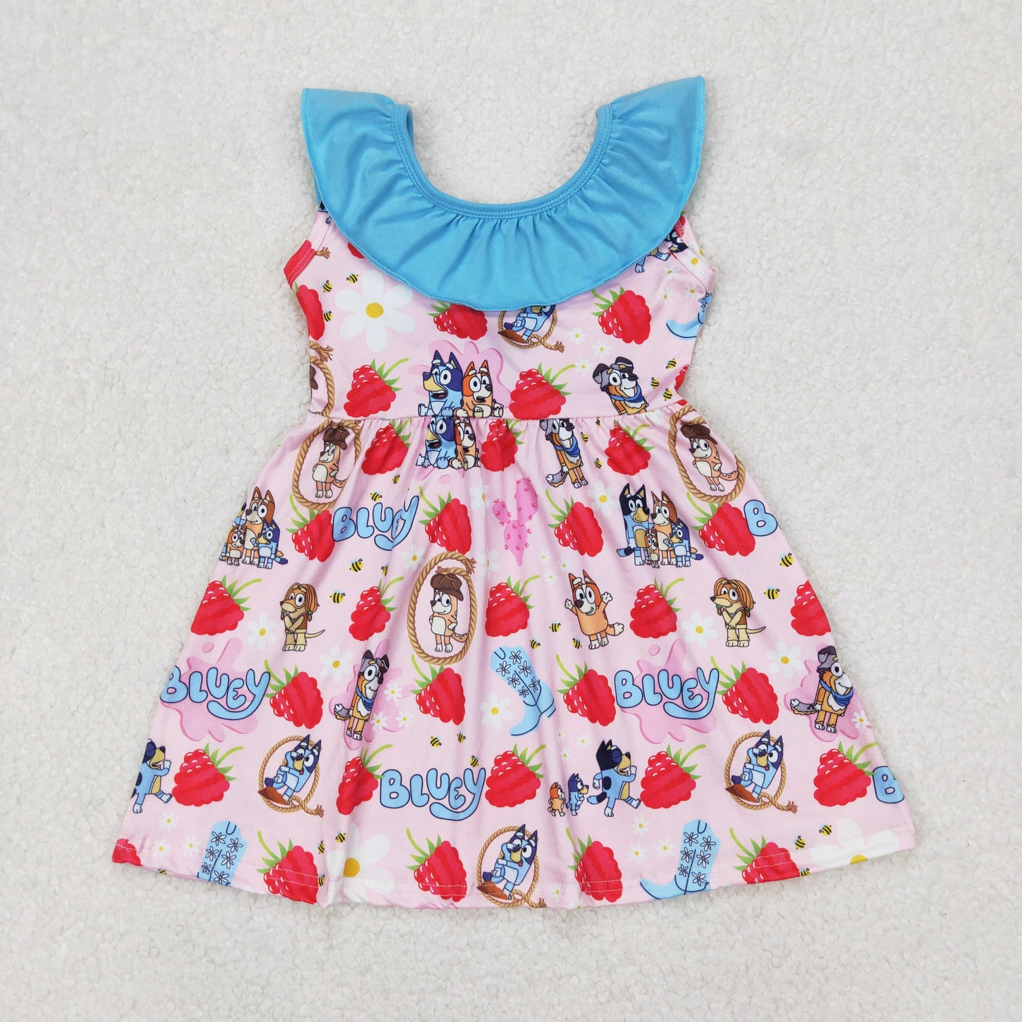 RTS NO MOQ ETA 5/7days Arrived GSD1813 bluey boots strawberry flower blue lace bow pink sleeveless dress