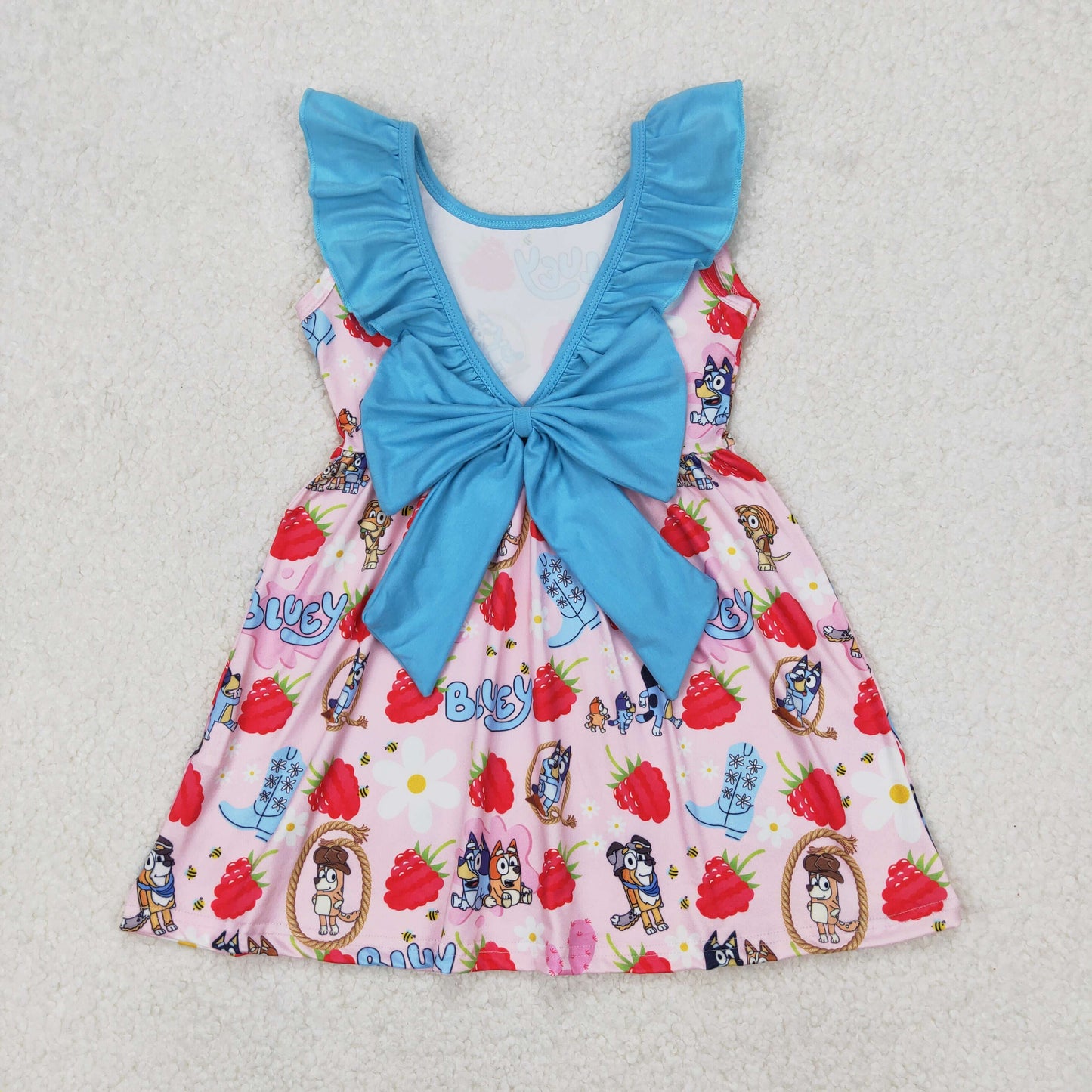 RTS NO MOQ ETA 5/7days Arrived GSD1813 bluey boots strawberry flower blue lace bow pink sleeveless dress