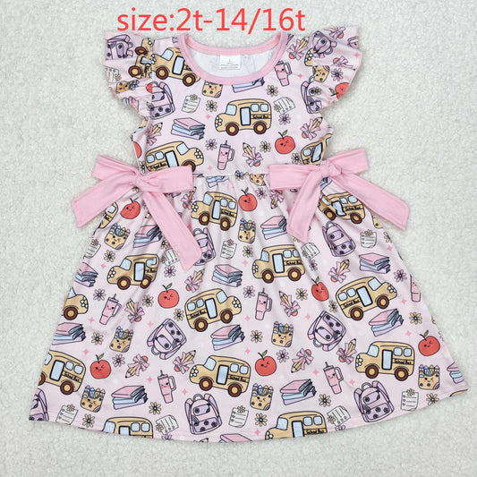 RTS NO MOQ ETA 5/7days Arrived GSD1819 School bus pencil apple pink bow flying sleeve dress