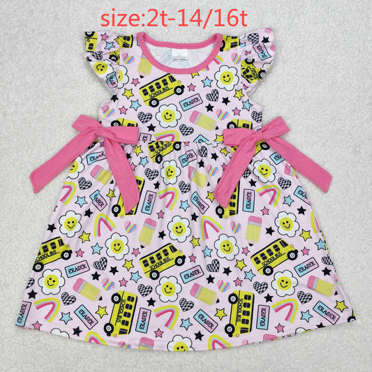 RTS NO MOQ ETA 5/7days Arrived GSD1822 Flower school bus pencil rainbow star bow pink flying sleeve dress