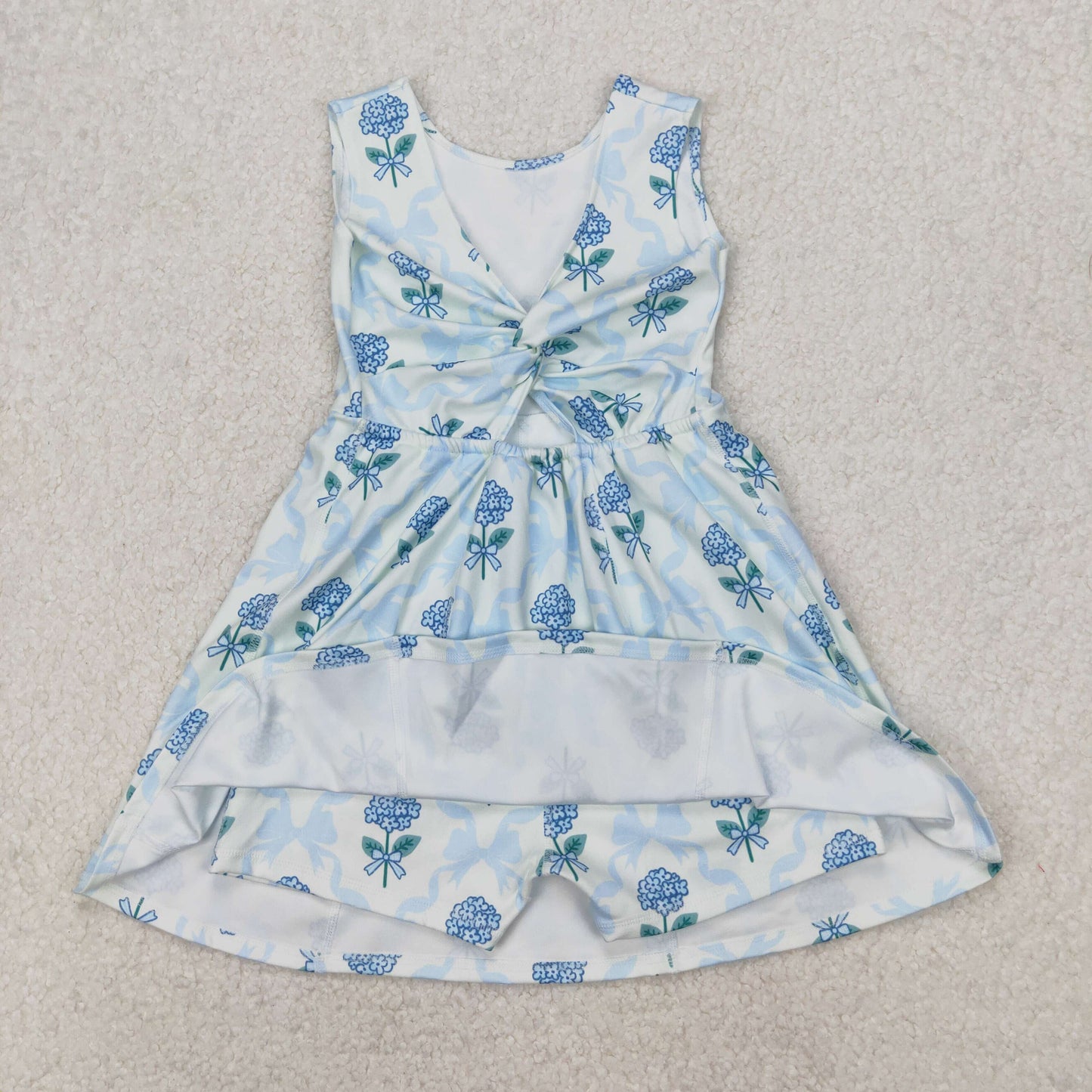 RTS NO MOQ ETA 5/7days Arrived GSD1944 Flower Leaf Blue Bow Pattern Beige Yoga Sleeveless Dress