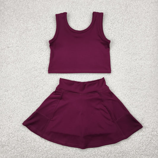 RTS NO MOQ GSD1981 Solid maroon sleeveless skirt yoga suit