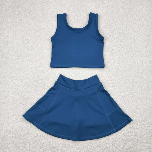 RTS NO MOQ GSD1986 Pure blue sleeveless skirt yoga set