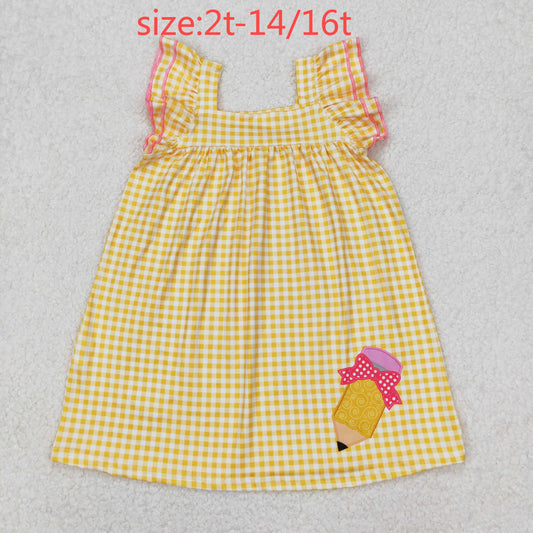 RTS NO MOQ ETA 5/7days Arrived GSD2012 Back to school bow pencil yellow plaid lace flying sleeve dress