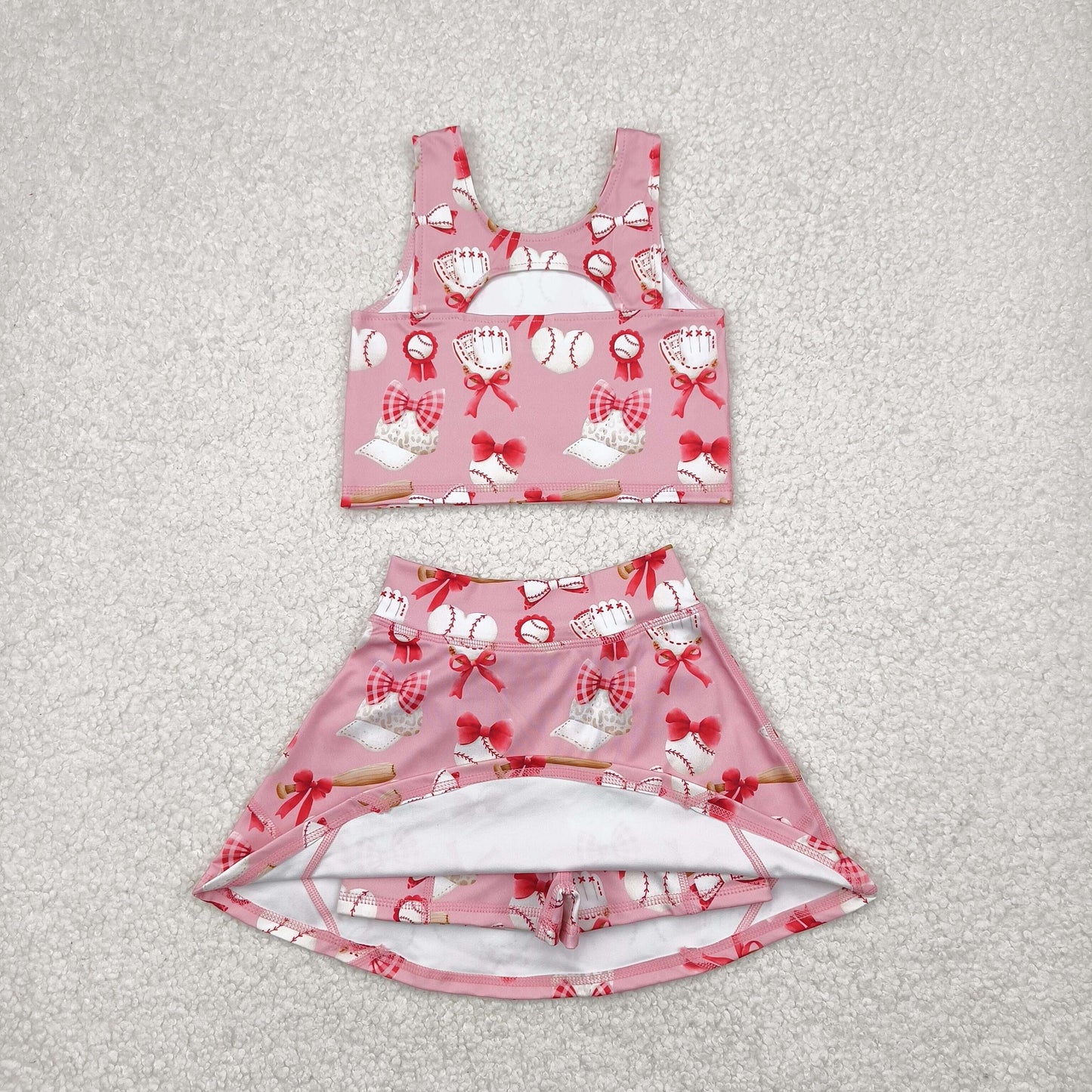 RTS NO MOQ GSD2044 Baseball bow pattern pink vest pants skirt yoga set