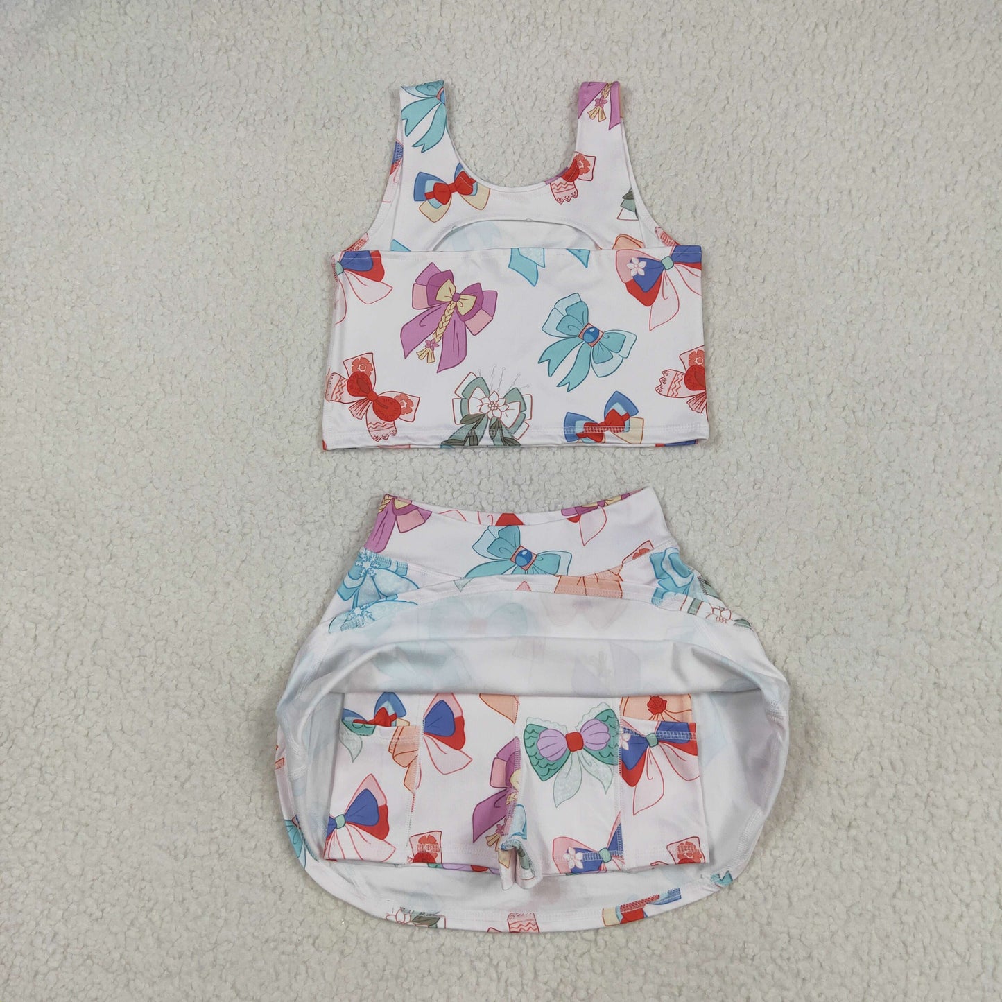 RTS NO MOQ GSD2046 Beige vest and skirt yoga set with cartoon character bow pattern