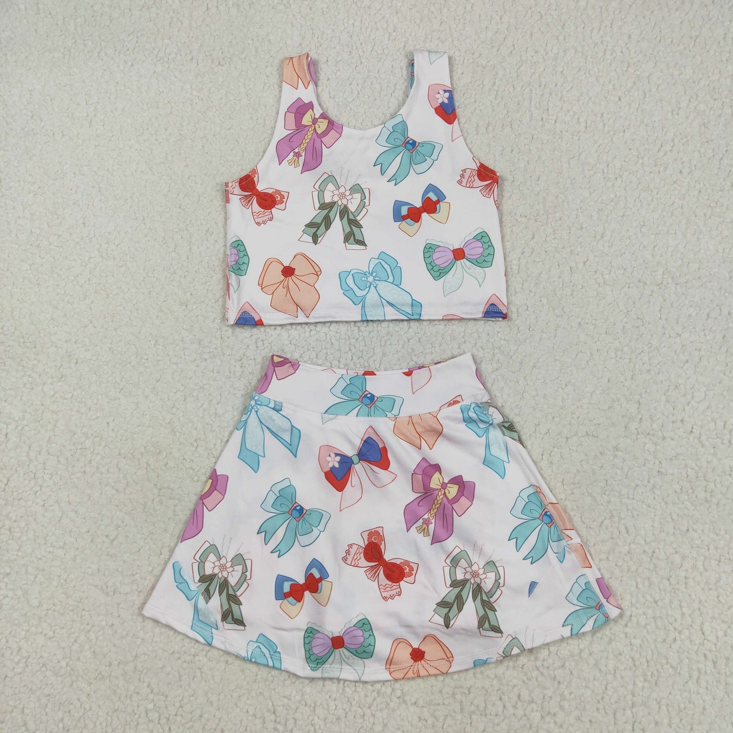 RTS NO MOQ GSD2046 Beige vest and skirt yoga set with cartoon character bow pattern