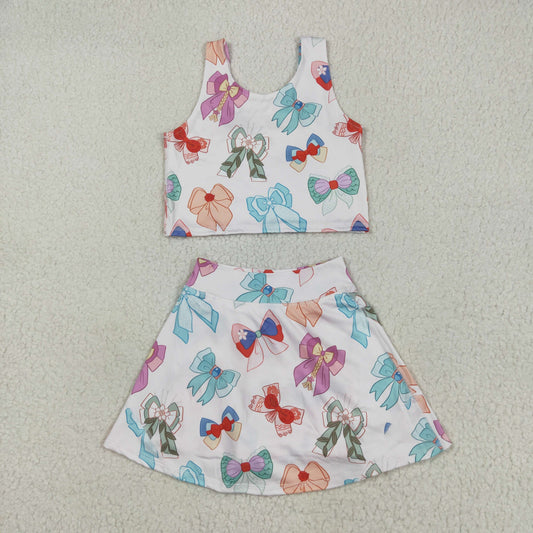 RTS NO MOQ GSD2046 Beige vest and skirt yoga set with cartoon character bow pattern