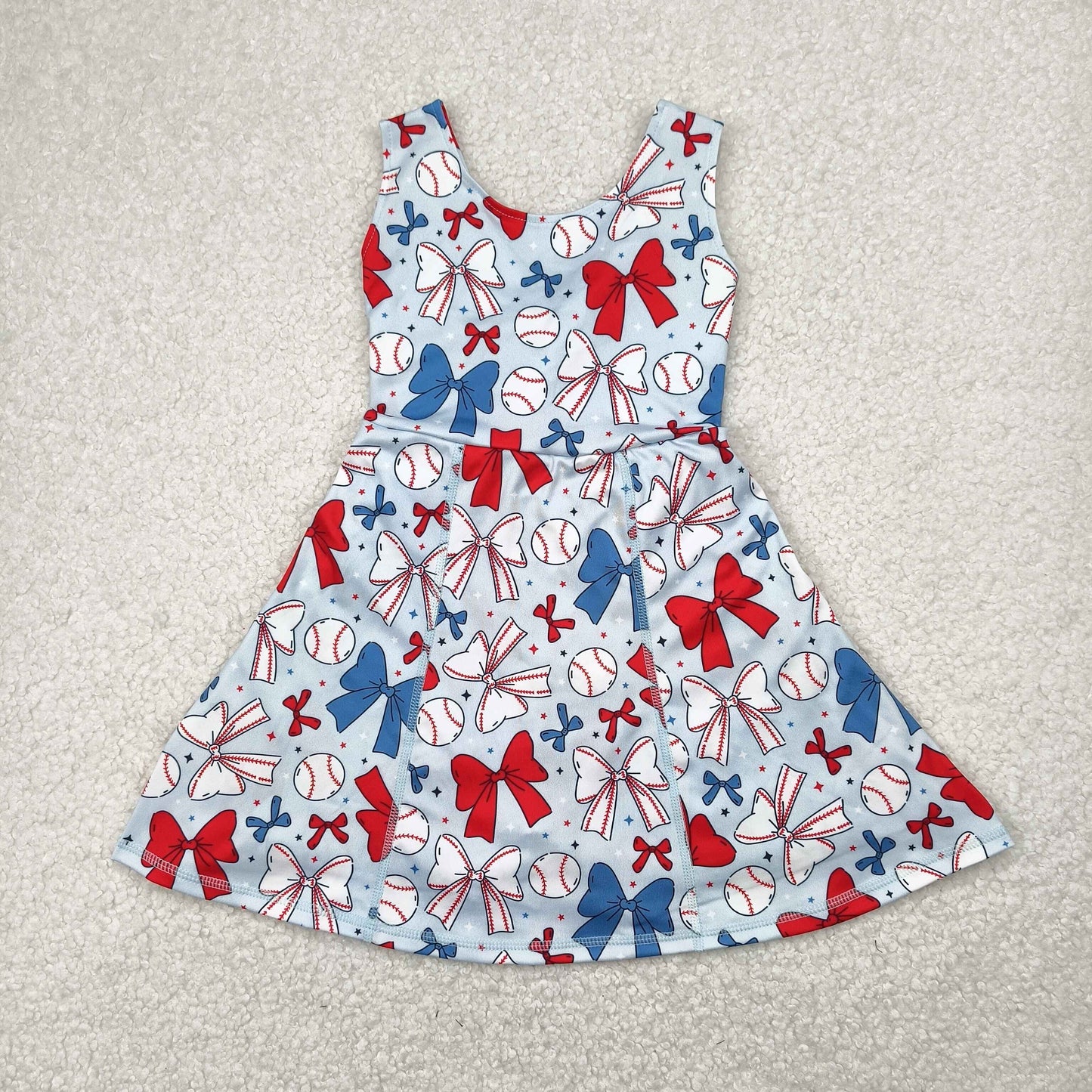 RTS NO MOQ GSD2150 Baseball bow pattern blue yoga sleeveless dress
