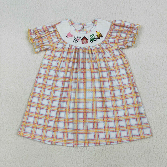 RTS NO MOQ（In Stock）GSD2276 smocked embroidered farm animals red house orange plaid short sleeve dress