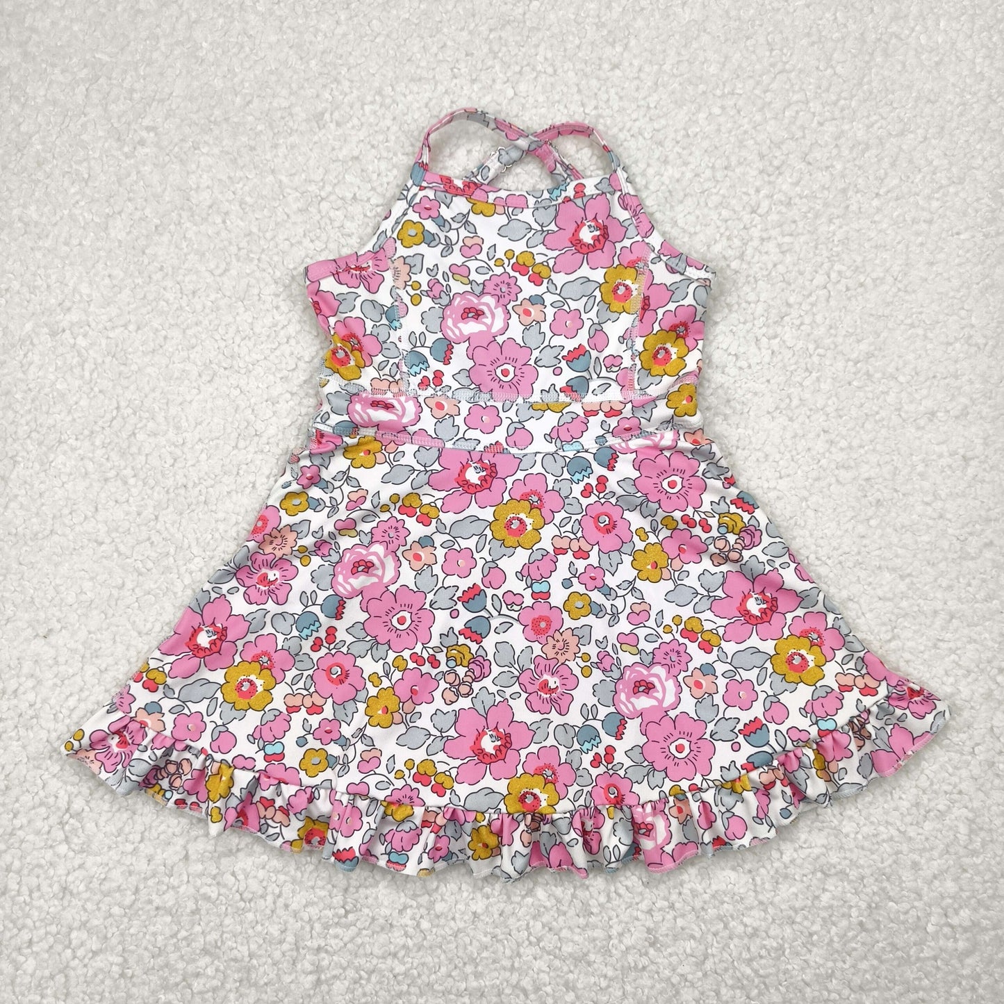 RTS NO MOQ baby girl clothes yoga floral suspender skirt sets-2