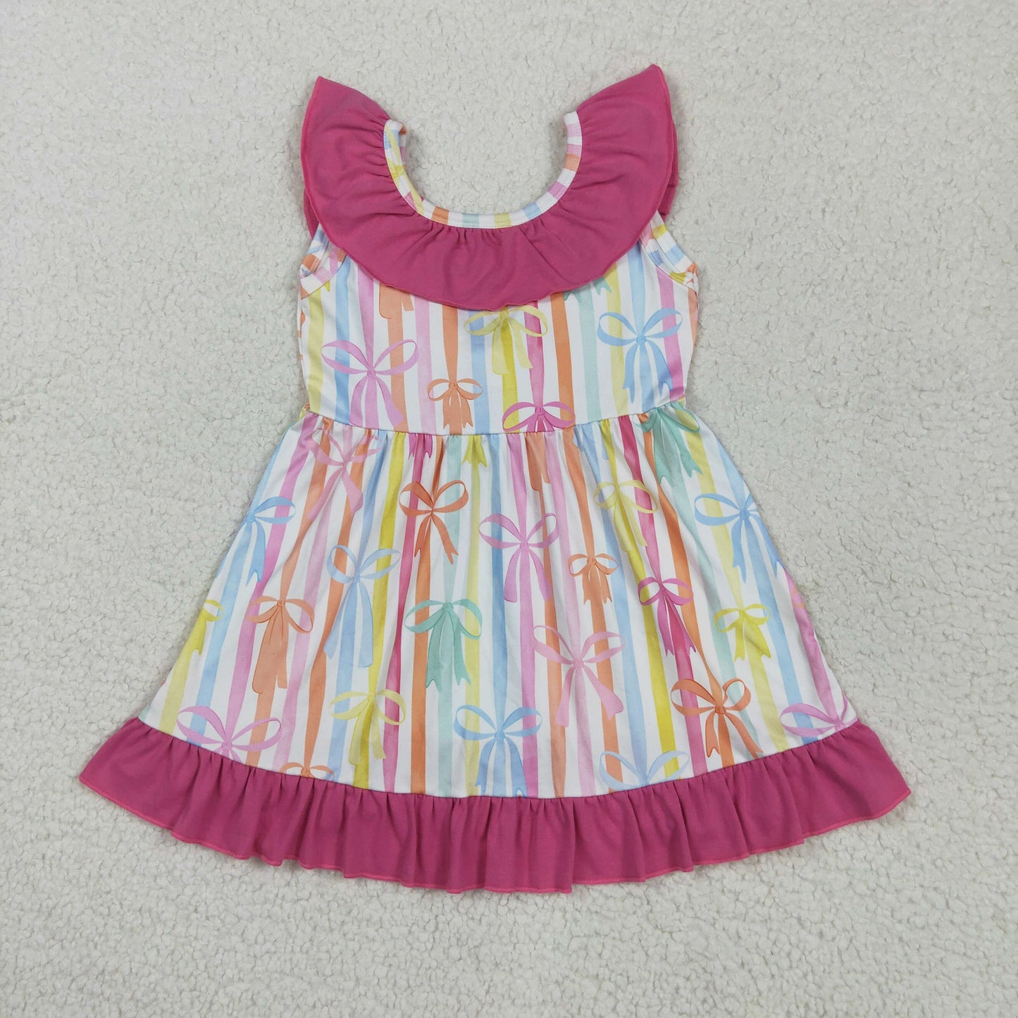 RTS NO MOQ GSD2322 Bow pattern colorful stripes rose red lace sleeveless dress