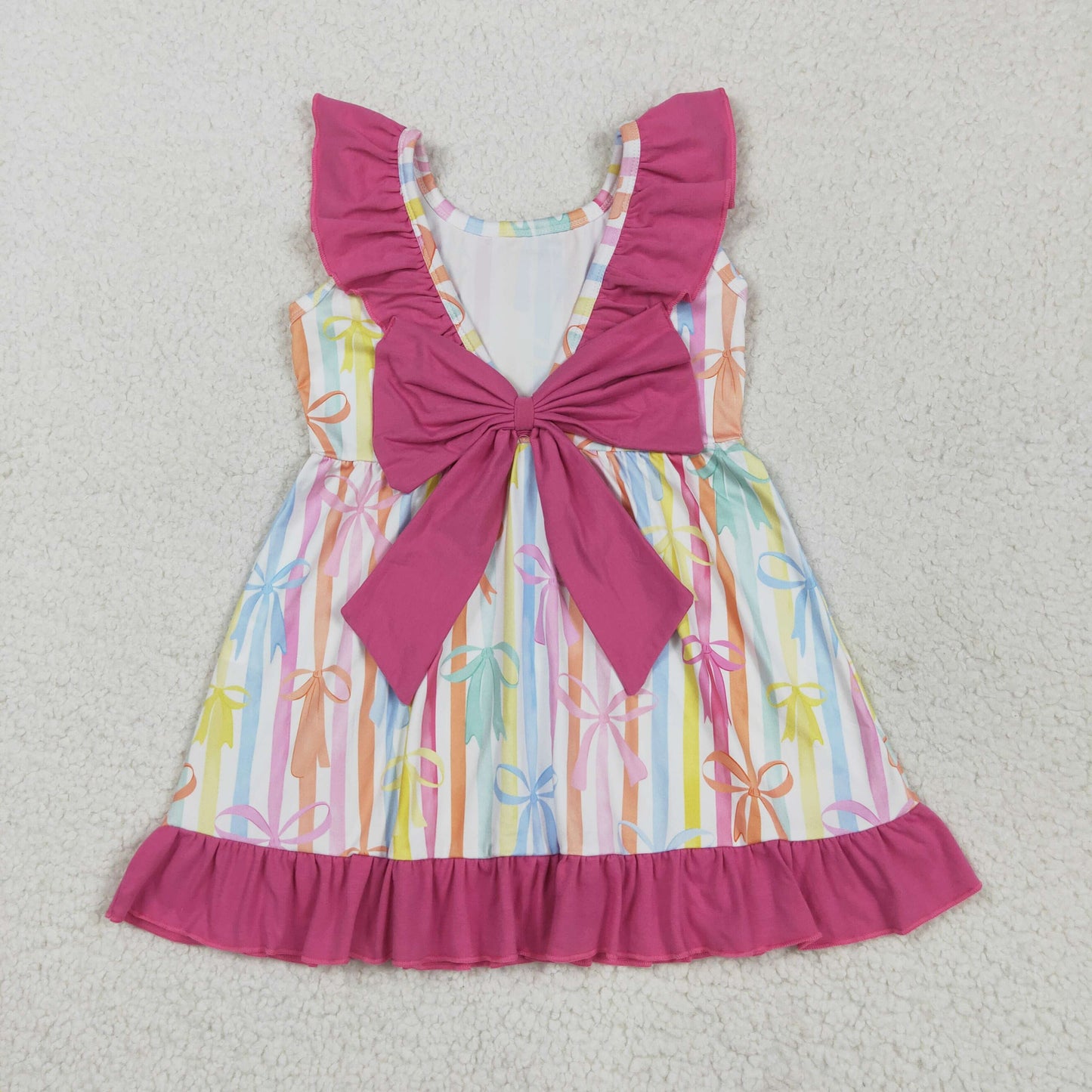 RTS NO MOQ GSD2322 Bow pattern colorful stripes rose red lace sleeveless dress