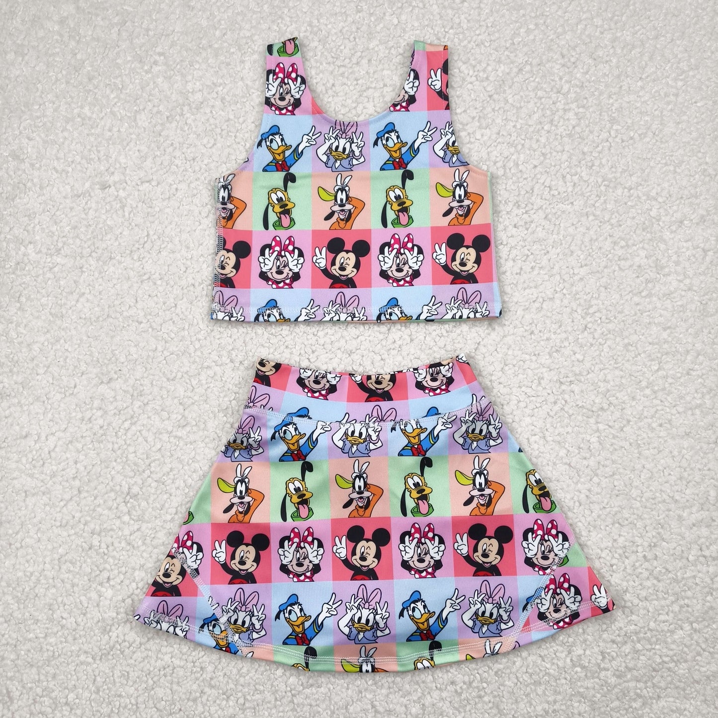 RTS NO MOQ GSD2333 Mickey Donald Duck colorful plaid vest skirt yoga set