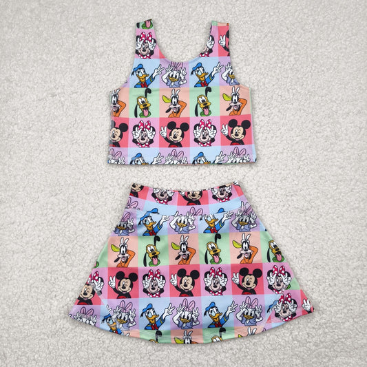 RTS NO MOQ GSD2333 Mickey Donald Duck colorful plaid vest skirt yoga set