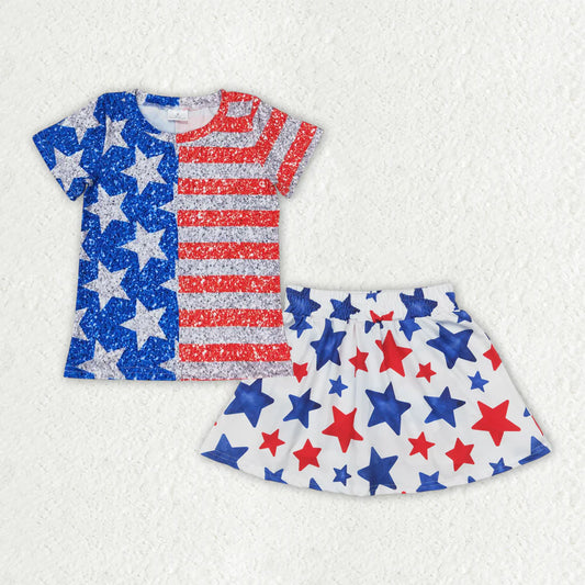 RTS NO MOQ Baby Girls 4th of July Stars Shirt And Skorts Clothing Set Patriotic Outfit for Toddlers