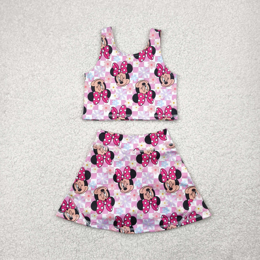 RTS NO MOQ GSD2460 Mickey Minnie flower pink and white plaid vest pants skirt yoga set