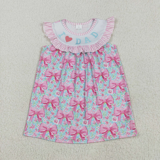 RTS NO MOQ GSD2534 Embroidered i love dad pink striped bow pattern flowers and leaves blue sleeveless dress