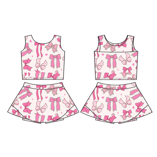 no moq GSD2624 PRE-ORDER baby girl clothes yoga Sleeveless pink bow top skirt girls activewear set-2025.5.27