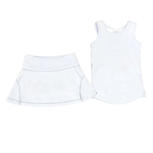 no moq GSD2651 PRE-ORDER baby girl clothes yoga solid white sleeveless skirts set-2025.5.30