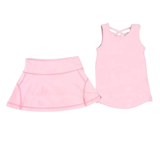 no moq GSD2652 PRE-ORDER baby girl clothes yoga solid pink sleeveless skirts set-2025.5.30