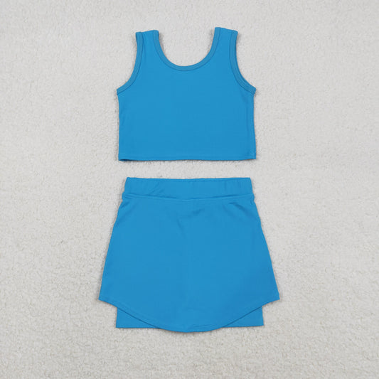 RTS NO MOQ（In Stock) GSD2659 Solid Blue Sleeveless Midi Skirt Yoga Set