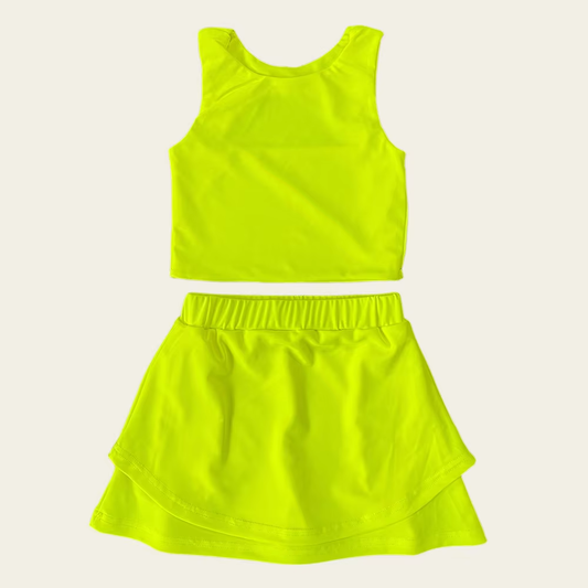 no moq GSD2661 PRE-ORDER baby girl clothes yoga solid yellow green sleeveless skirts set-2025.6.2