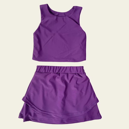 no moq GSD2662 PRE-ORDER baby girl clothes yoga solid purple sleeveless skirts set-2025.6.2