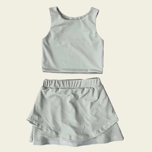 no moq GSD2664 PRE-ORDER baby girl clothes yoga solid Gray Green sleeveless skirts set-2025.6.2
