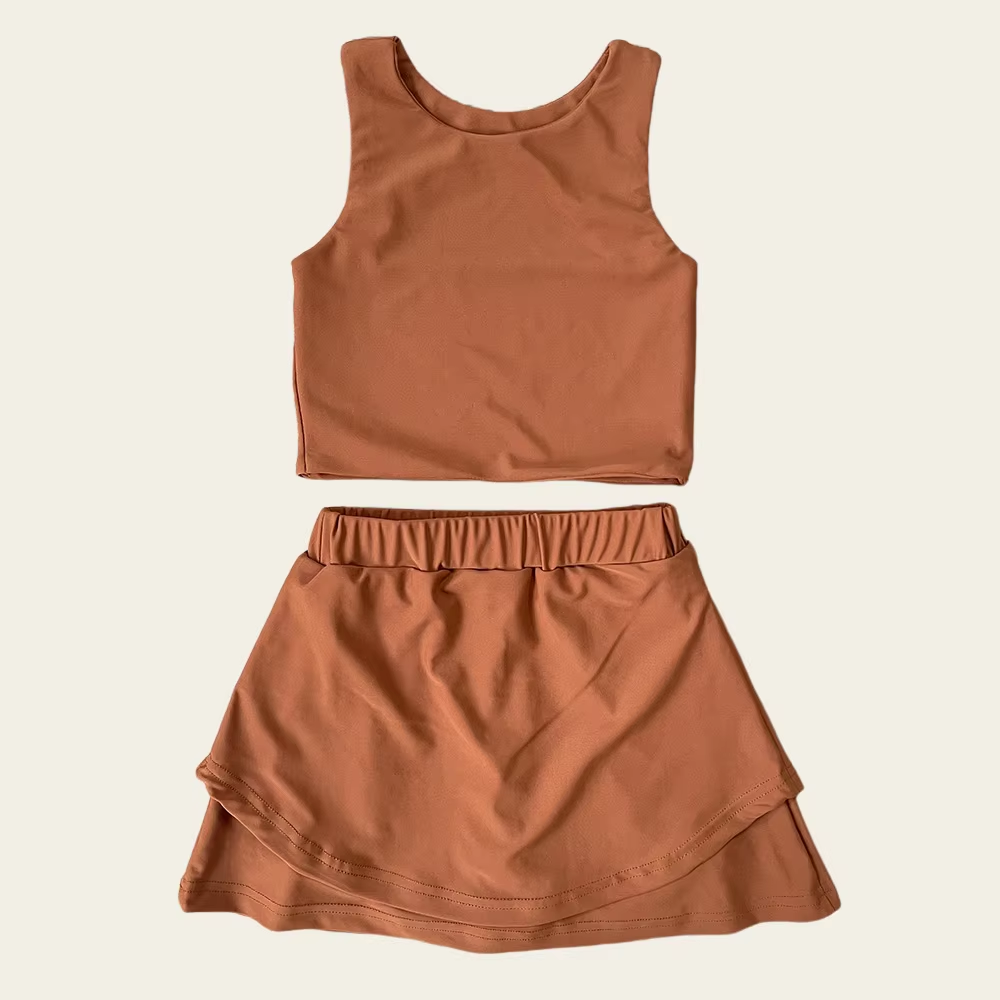 no moq GSD2665 PRE-ORDER baby girl clothes yoga solid brown sleeveless skirts set-2025.6.2