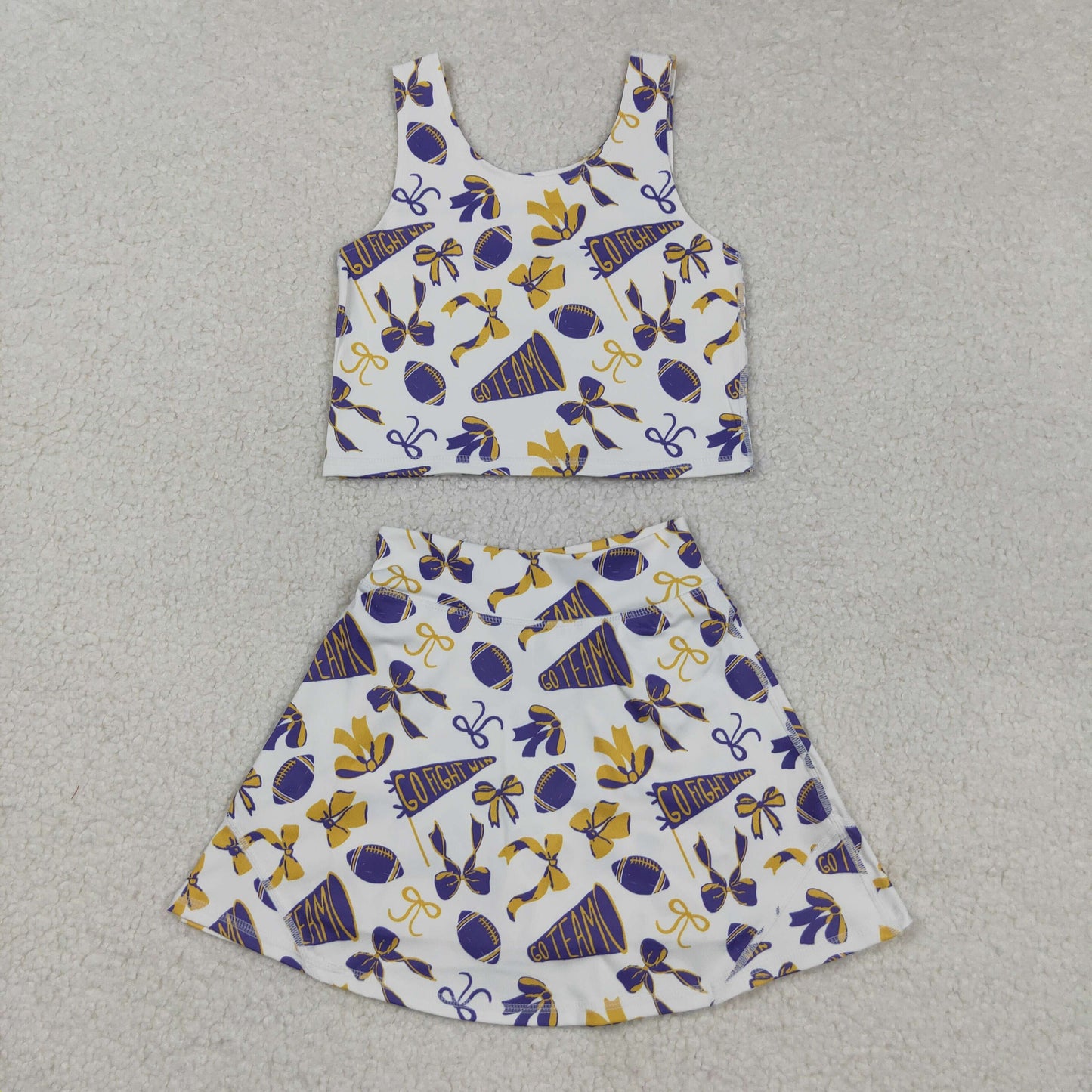 RTS NO MOQ（In Stock) GSD2690 Go Fight Purple Flared Bow Pattern Sleeveless Skirt Yoga Set