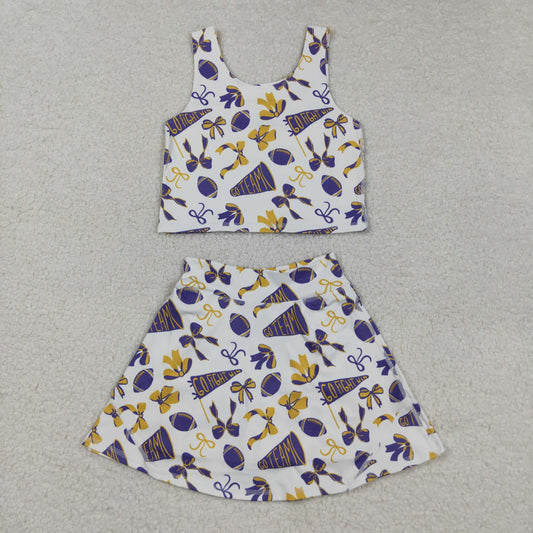 RTS NO MOQ（In Stock) GSD2690 Go Fight Purple Flared Bow Pattern Sleeveless Skirt Yoga Set