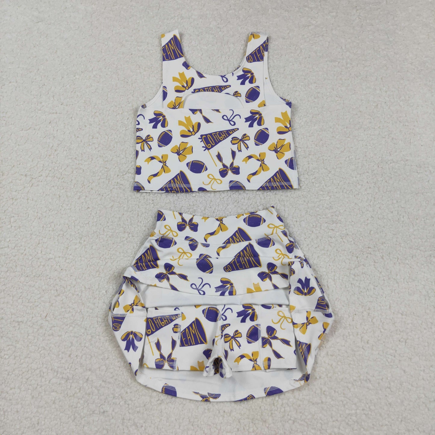 RTS NO MOQ（In Stock) GSD2690 Go Fight Purple Flared Bow Pattern Sleeveless Skirt Yoga Set