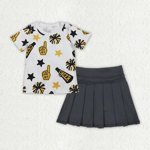 RTS NO MOQ Baby Girls Yellow Cheer Top Black Yoga Skort Team Sets