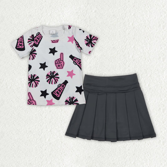 RTS NO MOQ GT0994+GLK0087 cheer pink black fireworks star white short-sleeved top solid black yoga skirt sets