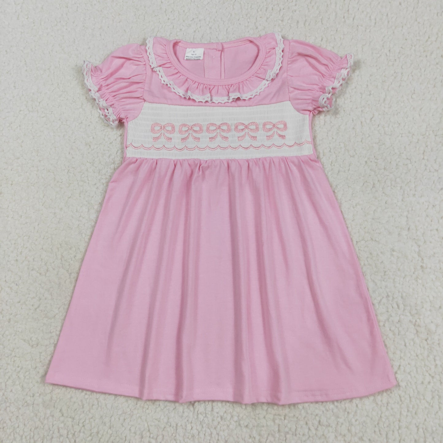 RTS NO MOQ（In Stock）GSD2718 Pink Short-Sleeved Dress with Embroidered Bow Lace