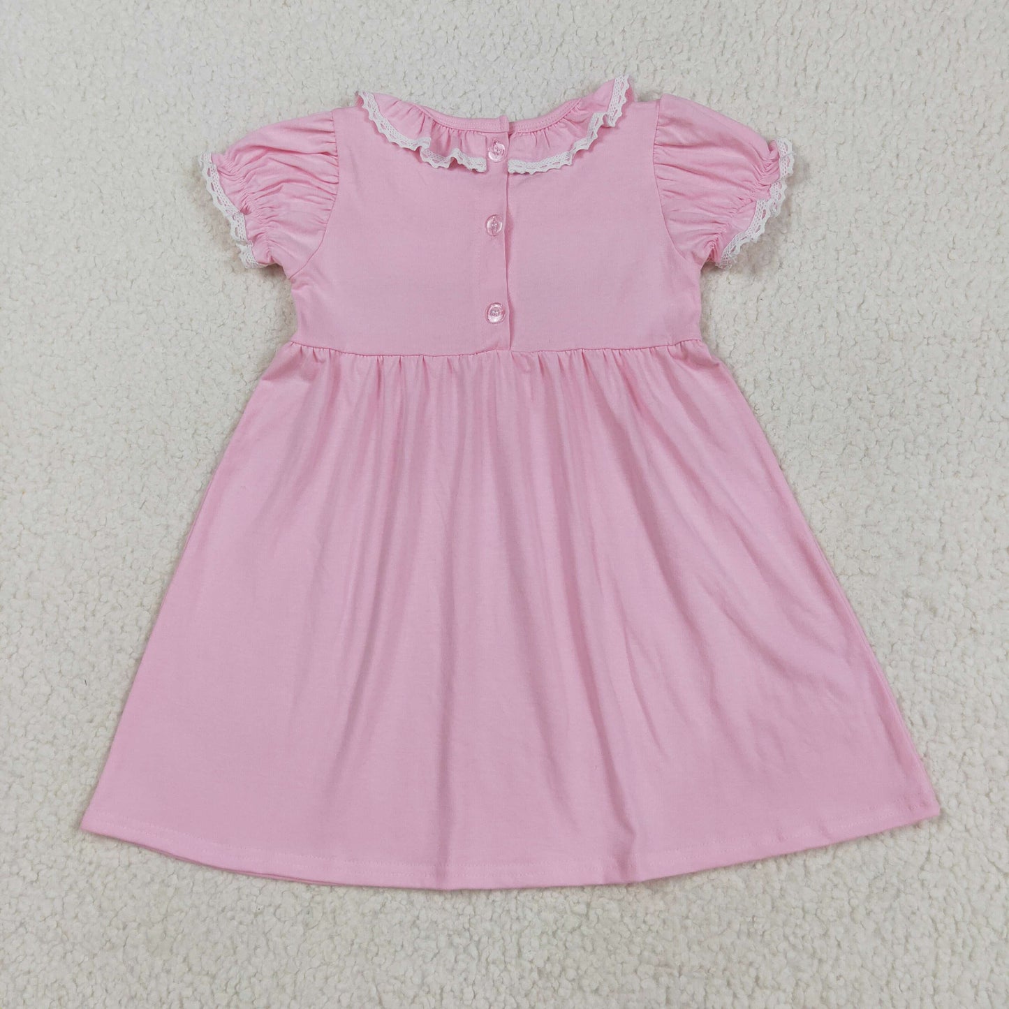 RTS NO MOQ（In Stock）GSD2718 Pink Short-Sleeved Dress with Embroidered Bow Lace