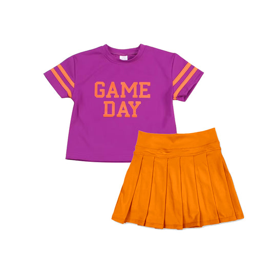 (Pre Order) No moq GSD2739 PRE-ORDER baby girl clothes yoga GAME DAY short sleeve orange skirts set-2025.7.1