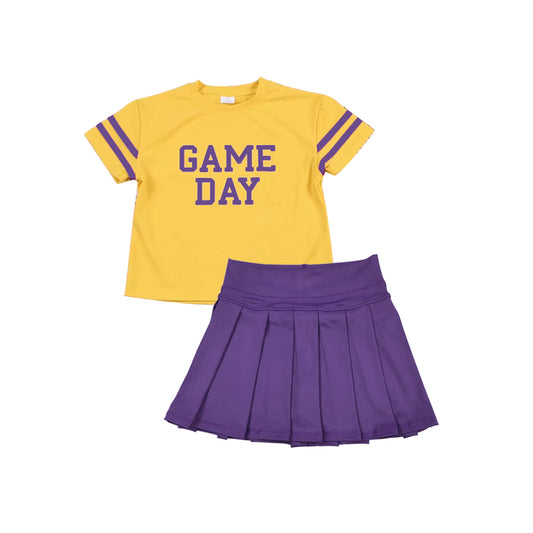 (Pre Order) No moq GSD2740 PRE-ORDER baby girl clothes yoga GAME DAY yellow short sleeve top purple skirts set-2025.7.1