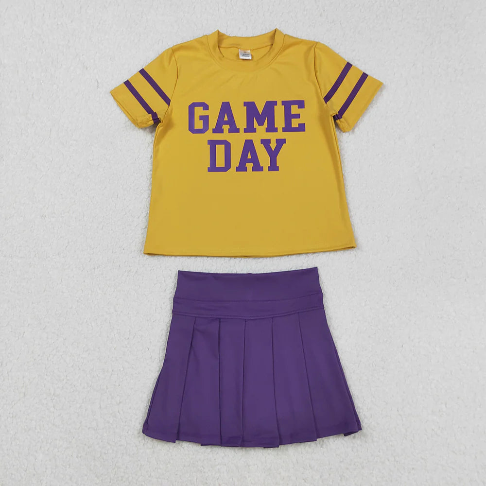 RTS NO MOQ Baby Girls Yellow Purple Game Day Cheer Top Skorts Team Yoga Sets Outfit for Toddlers Girls