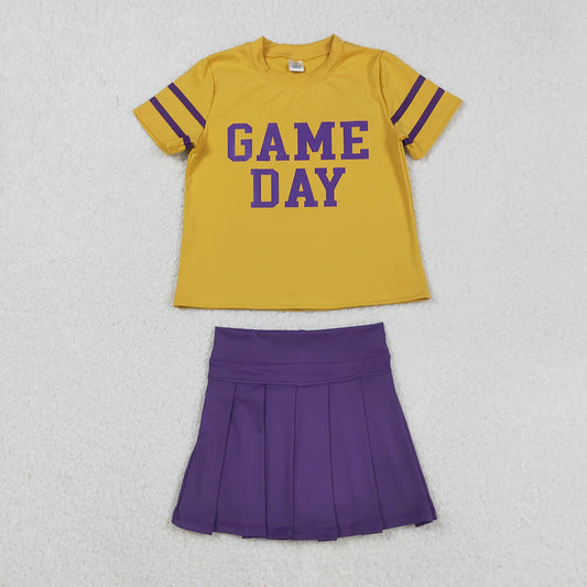 RTS NO MOQ Baby Girls Yellow Purple Game Day Cheer Top Skorts Team Yoga Sets Outfit for Toddlers Girls