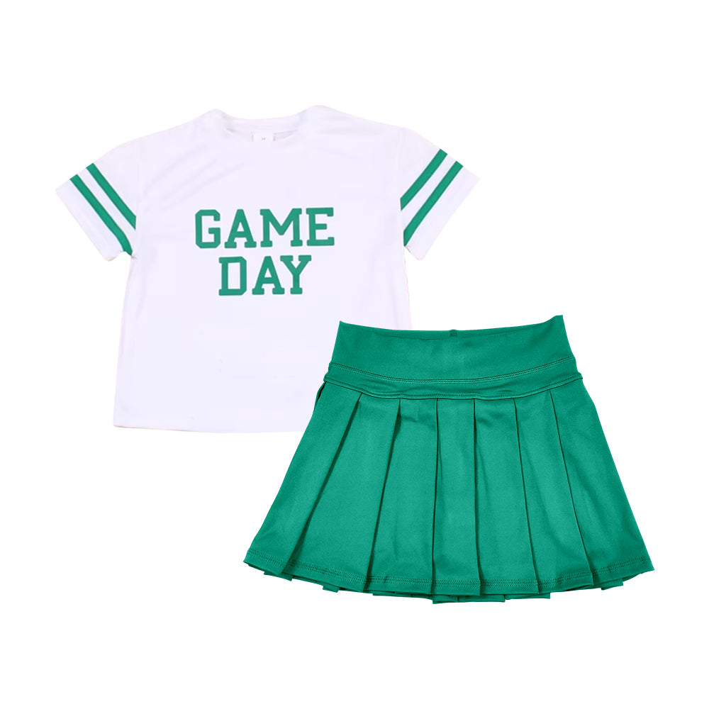 (Pre Order) No moq GSD2743 PRE-ORDER baby girl clothes yoga GAME DAY short sleeve top green skirts set-2025.7.1