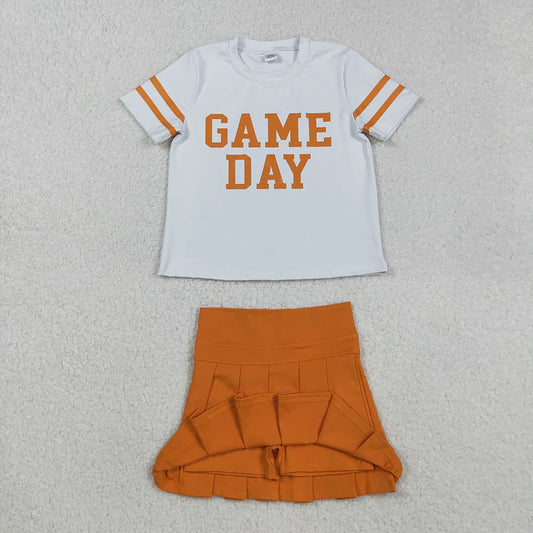RTS NO MOQ Baby Girls Orange Short Sleeves Game Day Shirt Top with Skorts Yoga Sets Comfortable Cotton Outfit for Toddlers