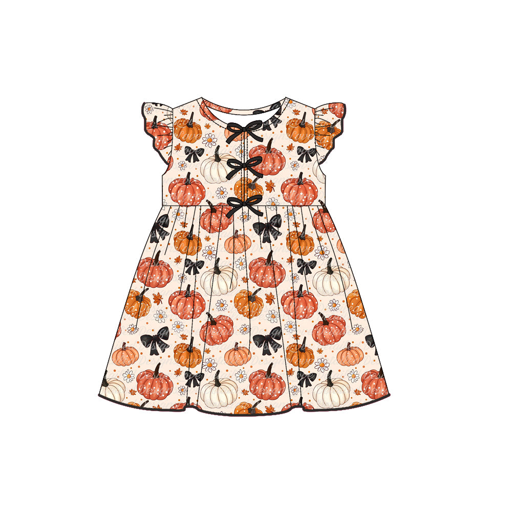(Pre Order) No moq GSD2769 PRE-ORDER baby girl clothes pumpkin bow flying sleeve dress-2025.7.17