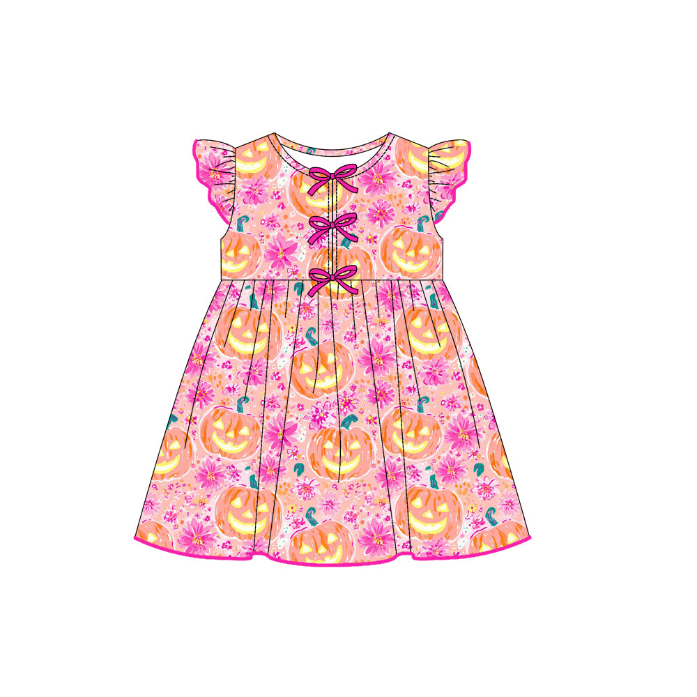 (Pre Order) No moq GSD2770 PRE-ORDER baby girl clothes pumpkin bow pink flying sleeve dress-2025.7.17