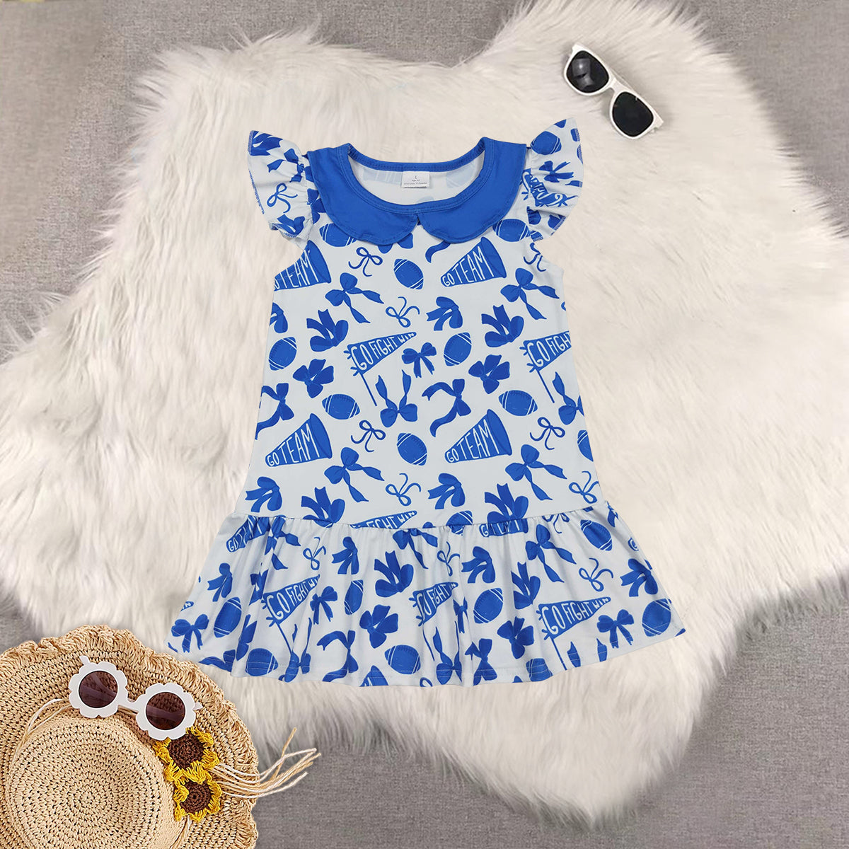 RTS NO MOQ Sibling baby girl clothes team cheer bow flying sleeve dress and romper