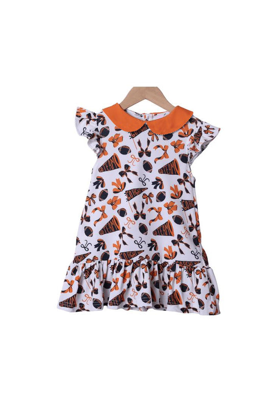 (Pre Order) No moq GSD2785 PRE-ORDER baby girl clothes team bow orange flying sleeve dress-2025.7.26