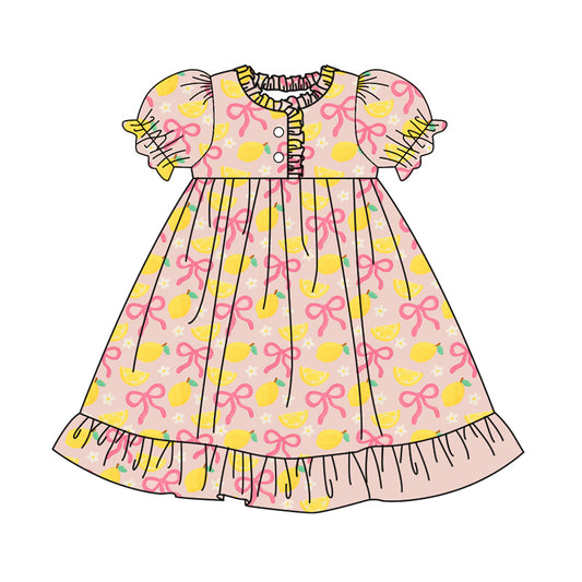 (Pre Order) No moq GSD2812 PRE-ORDER baby girl clothes lemon bow short sleeve dress-2025.9.15